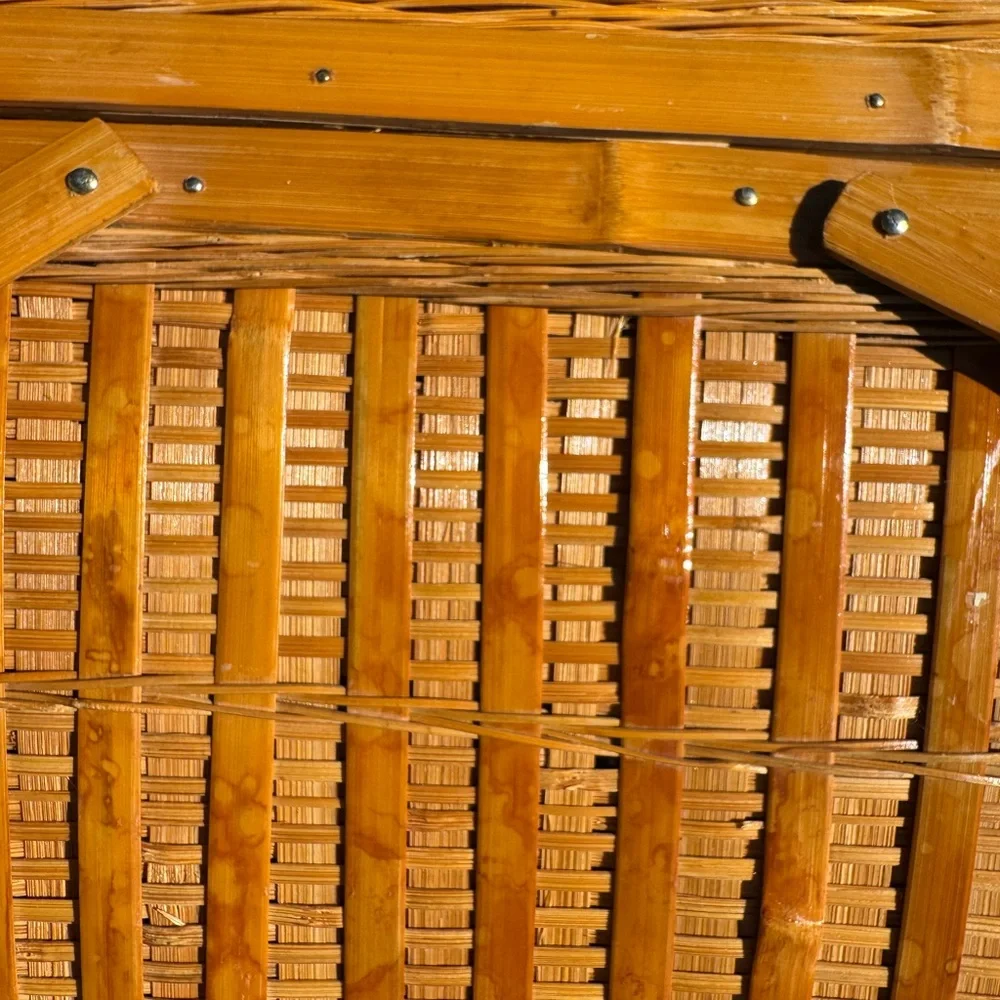 Large Vintage Handmade tan rattan picnic basket with handles.